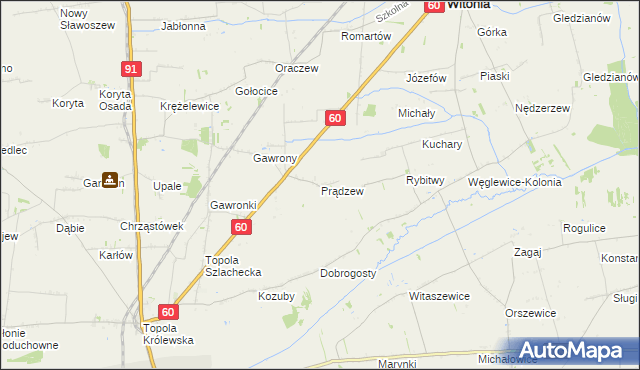 mapa Prądzew gmina Łęczyca, Prądzew gmina Łęczyca na mapie Targeo