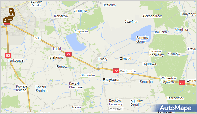 mapa Psary gmina Przykona, Psary gmina Przykona na mapie Targeo
