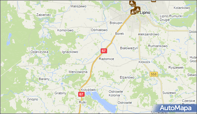 mapa Radomice gmina Lipno, Radomice gmina Lipno na mapie Targeo