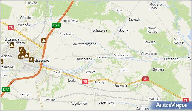 mapa Raków gmina Jędrzejów, Raków gmina Jędrzejów na mapie Targeo