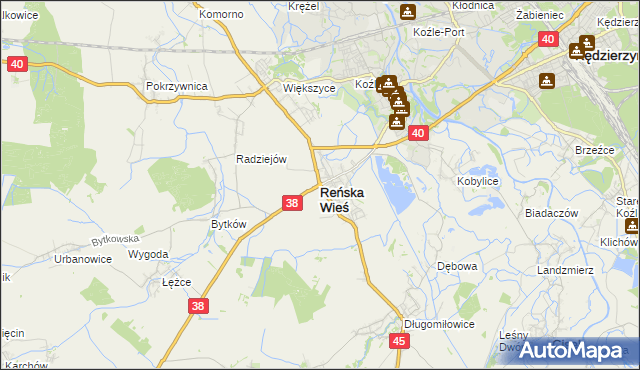 mapa Reńska Wieś powiat kędzierzyńsko-kozielski, Reńska Wieś powiat kędzierzyńsko-kozielski na mapie Targeo