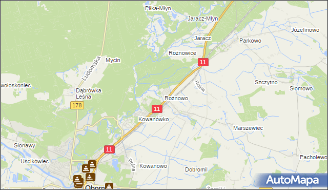 mapa Rożnowo gmina Oborniki, Rożnowo gmina Oborniki na mapie Targeo
