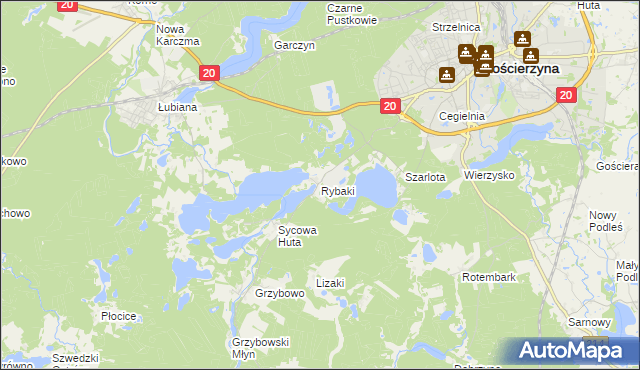 mapa Rybaki gmina Kościerzyna, Rybaki gmina Kościerzyna na mapie Targeo