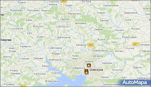 mapa Sieraków gmina Dobczyce, Sieraków gmina Dobczyce na mapie Targeo