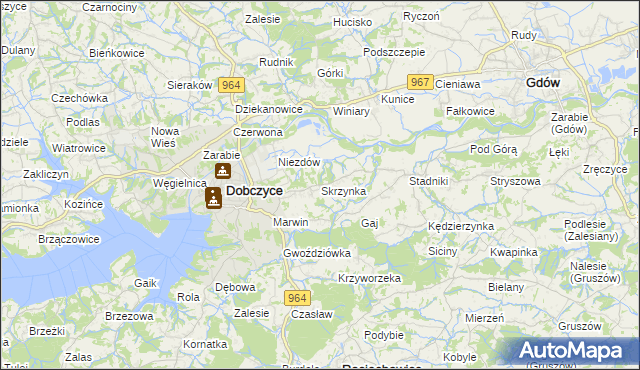 mapa Skrzynka gmina Dobczyce, Skrzynka gmina Dobczyce na mapie Targeo