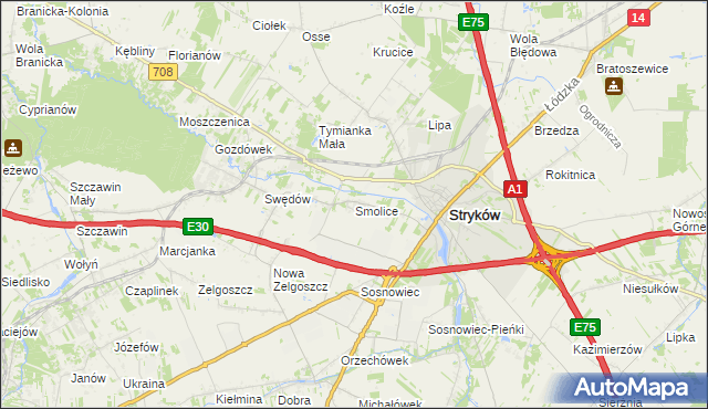 mapa Smolice gmina Stryków, Smolice gmina Stryków na mapie Targeo