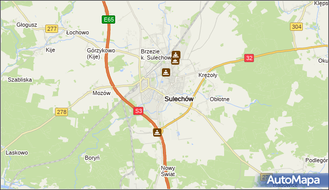 mapa Sulechów powiat zielonogórski, Sulechów powiat zielonogórski na mapie Targeo