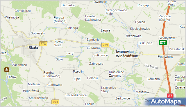 mapa Sułkowice gmina Iwanowice, Sułkowice gmina Iwanowice na mapie Targeo