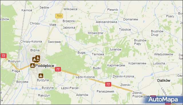 mapa Tarnowa gmina Poddębice, Tarnowa gmina Poddębice na mapie Targeo