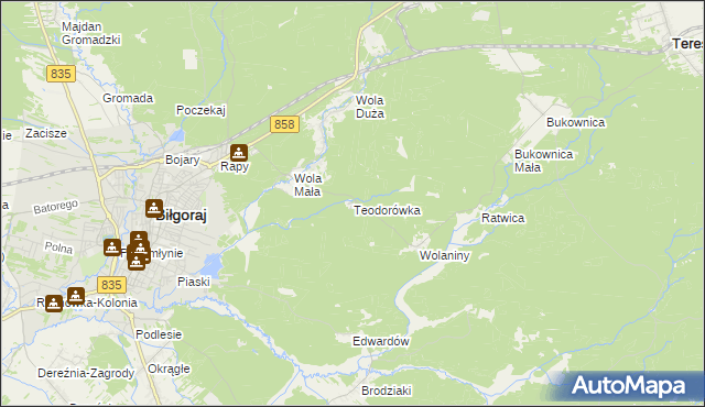 mapa Teodorówka gmina Biłgoraj, Teodorówka gmina Biłgoraj na mapie Targeo