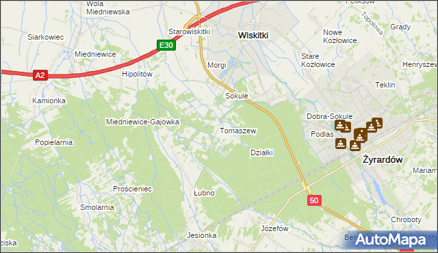 mapa Tomaszew gmina Wiskitki, Tomaszew gmina Wiskitki na mapie Targeo