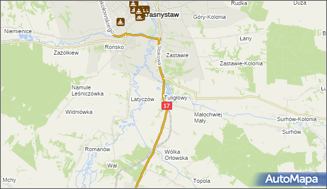 mapa Tuligłowy gmina Krasnystaw, Tuligłowy gmina Krasnystaw na mapie Targeo