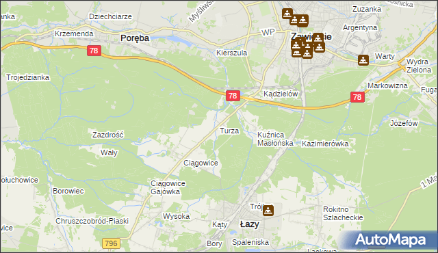 mapa Turza gmina Łazy, Turza gmina Łazy na mapie Targeo