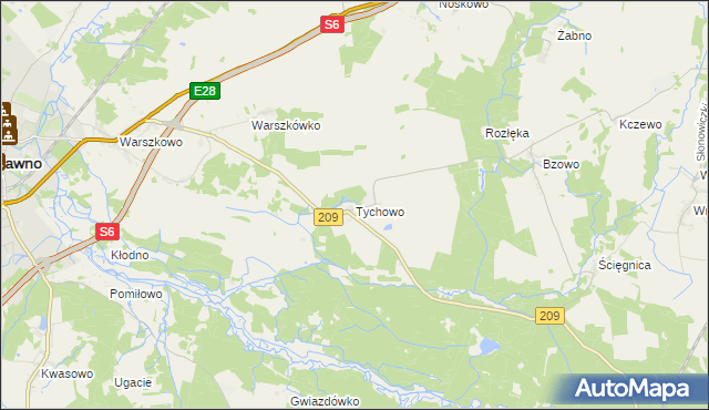mapa Tychowo gmina Sławno, Tychowo gmina Sławno na mapie Targeo