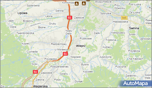 mapa Wieprz gmina Radziechowy-Wieprz, Wieprz gmina Radziechowy-Wieprz na mapie Targeo