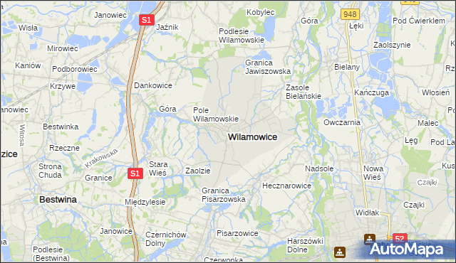 mapa Wilamowice powiat bielski, Wilamowice powiat bielski na mapie Targeo