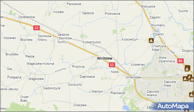 mapa Wróblew powiat sieradzki, Wróblew powiat sieradzki na mapie Targeo