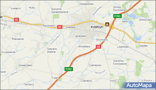 mapa Wróblewo gmina Kostrzyn, Wróblewo gmina Kostrzyn na mapie Targeo