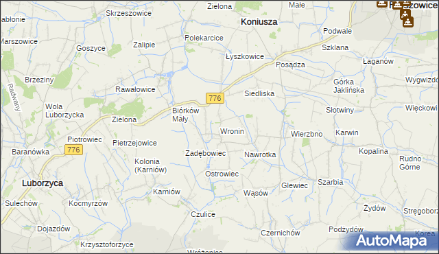 mapa Wronin gmina Koniusza, Wronin gmina Koniusza na mapie Targeo