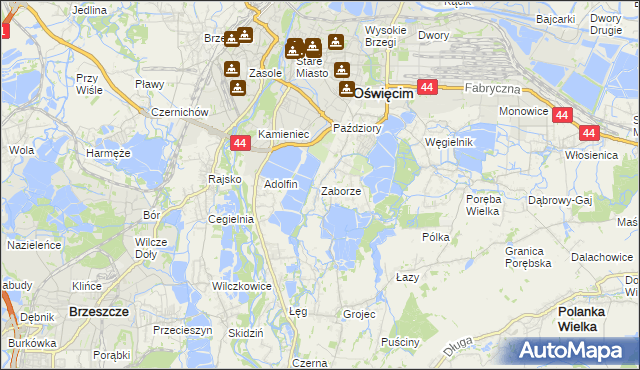 mapa Zaborze gmina Oświęcim, Zaborze gmina Oświęcim na mapie Targeo
