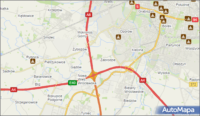 mapa Zabrodzie gmina Kąty Wrocławskie, Zabrodzie gmina Kąty Wrocławskie na mapie Targeo