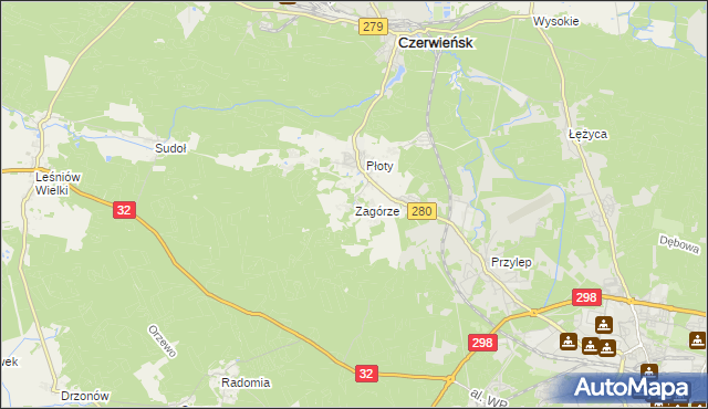 mapa Zagórze gmina Czerwieńsk, Zagórze gmina Czerwieńsk na mapie Targeo