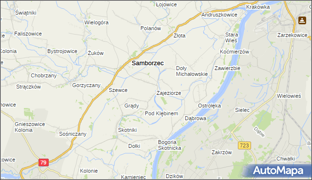 mapa Zajeziorze gmina Samborzec, Zajeziorze gmina Samborzec na mapie Targeo