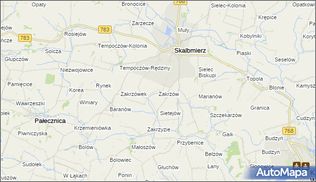 mapa Zakrzów gmina Skalbmierz, Zakrzów gmina Skalbmierz na mapie Targeo
