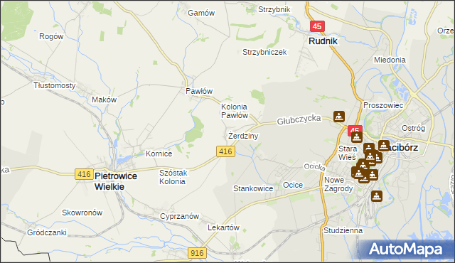 mapa Żerdziny gmina Pietrowice Wielkie, Żerdziny gmina Pietrowice Wielkie na mapie Targeo