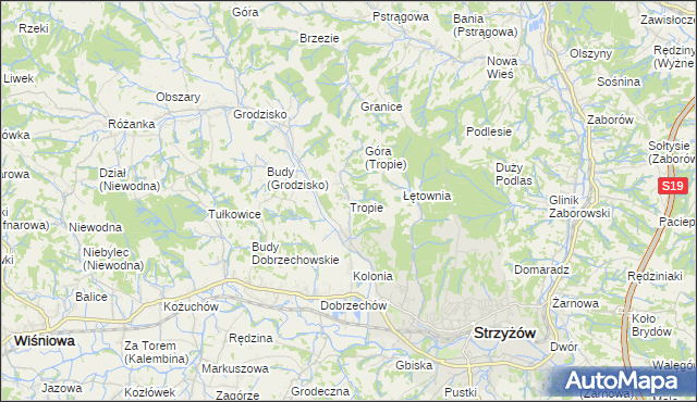 mapa Tropie gmina Strzyżów, Tropie gmina Strzyżów na mapie Targeo