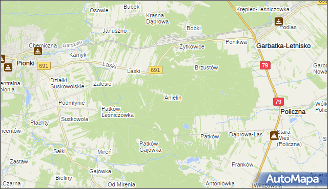 mapa Anielin gmina Garbatka-Letnisko, Anielin gmina Garbatka-Letnisko na mapie Targeo