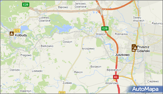 mapa Arciszewo gmina Pruszcz Gdański, Arciszewo gmina Pruszcz Gdański na mapie Targeo