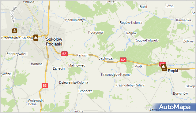 mapa Bachorza gmina Sokołów Podlaski, Bachorza gmina Sokołów Podlaski na mapie Targeo