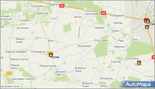 mapa Bartodzieje gmina Tczów, Bartodzieje gmina Tczów na mapie Targeo
