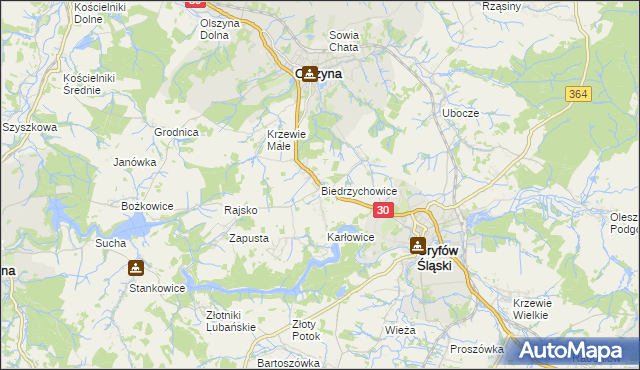 mapa Biedrzychowice gmina Olszyna, Biedrzychowice gmina Olszyna na mapie Targeo