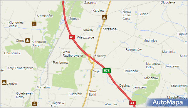 mapa Bociany gmina Strzelce, Bociany gmina Strzelce na mapie Targeo