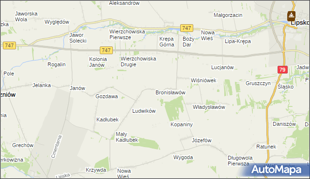 mapa Bronisławów gmina Sienno, Bronisławów gmina Sienno na mapie Targeo