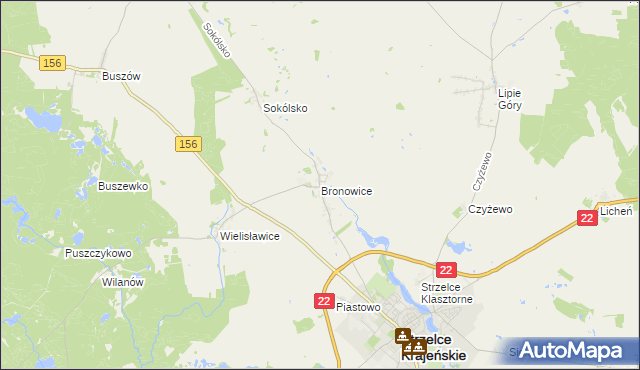mapa Bronowice gmina Strzelce Krajeńskie, Bronowice gmina Strzelce Krajeńskie na mapie Targeo