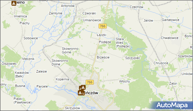 mapa Brzeście gmina Pińczów, Brzeście gmina Pińczów na mapie Targeo