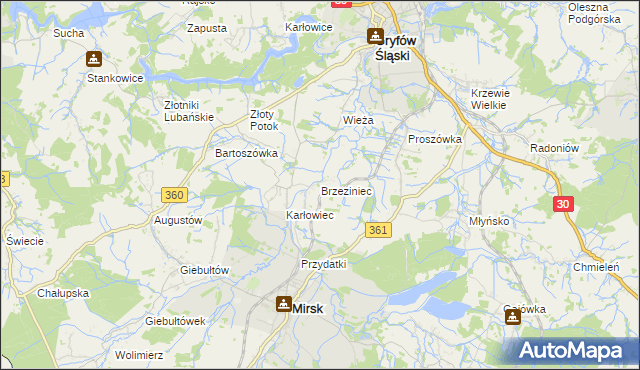 mapa Brzeziniec gmina Mirsk, Brzeziniec gmina Mirsk na mapie Targeo
