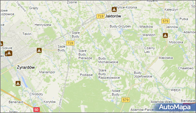mapa Budy Michałowskie gmina Jaktorów, Budy Michałowskie gmina Jaktorów na mapie Targeo