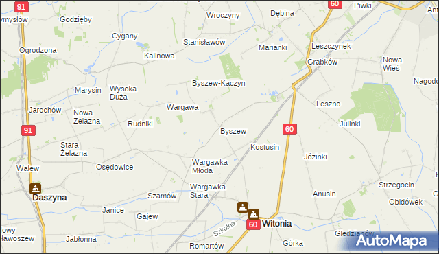 mapa Byszew gmina Kutno, Byszew gmina Kutno na mapie Targeo