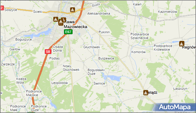 mapa Byszewice gmina Rawa Mazowiecka, Byszewice gmina Rawa Mazowiecka na mapie Targeo