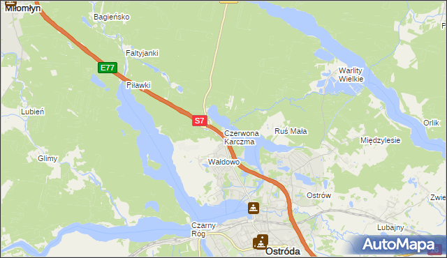 mapa Czerwona Karczma gmina Ostróda, Czerwona Karczma gmina Ostróda na mapie Targeo
