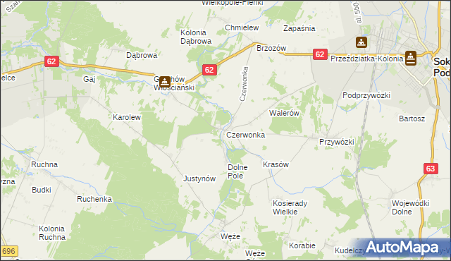 mapa Czerwonka gmina Sokołów Podlaski, Czerwonka gmina Sokołów Podlaski na mapie Targeo