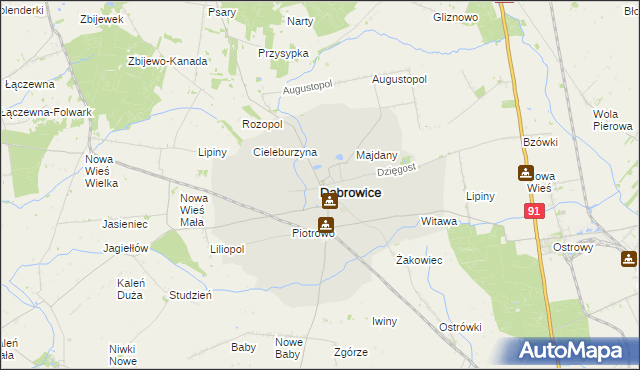 mapa Dąbrowice powiat kutnowski, Dąbrowice powiat kutnowski na mapie Targeo