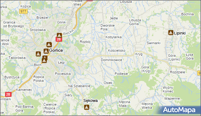 mapa Dominikowice gmina Gorlice, Dominikowice gmina Gorlice na mapie Targeo