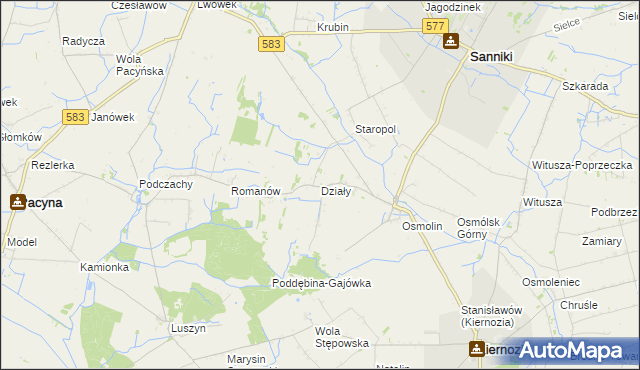 mapa Działy gmina Sanniki, Działy gmina Sanniki na mapie Targeo