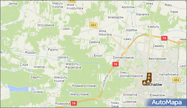 mapa Emilin gmina Bełchatów, Emilin gmina Bełchatów na mapie Targeo