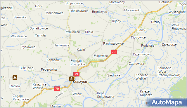 mapa Filipowice gmina Koszyce, Filipowice gmina Koszyce na mapie Targeo